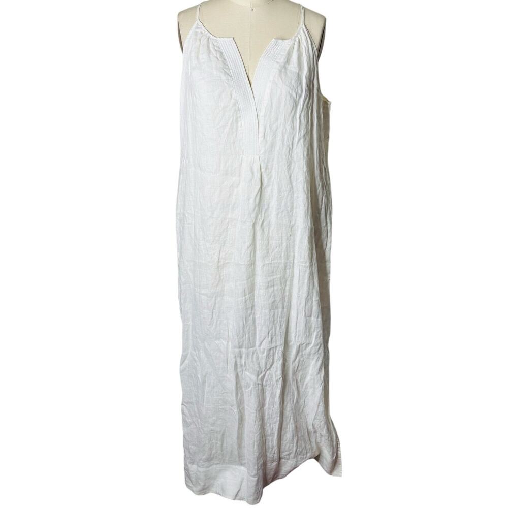 J.Crew White Linen Split Neck Spaghetti Strap Maxi Dress Side Slits Size L